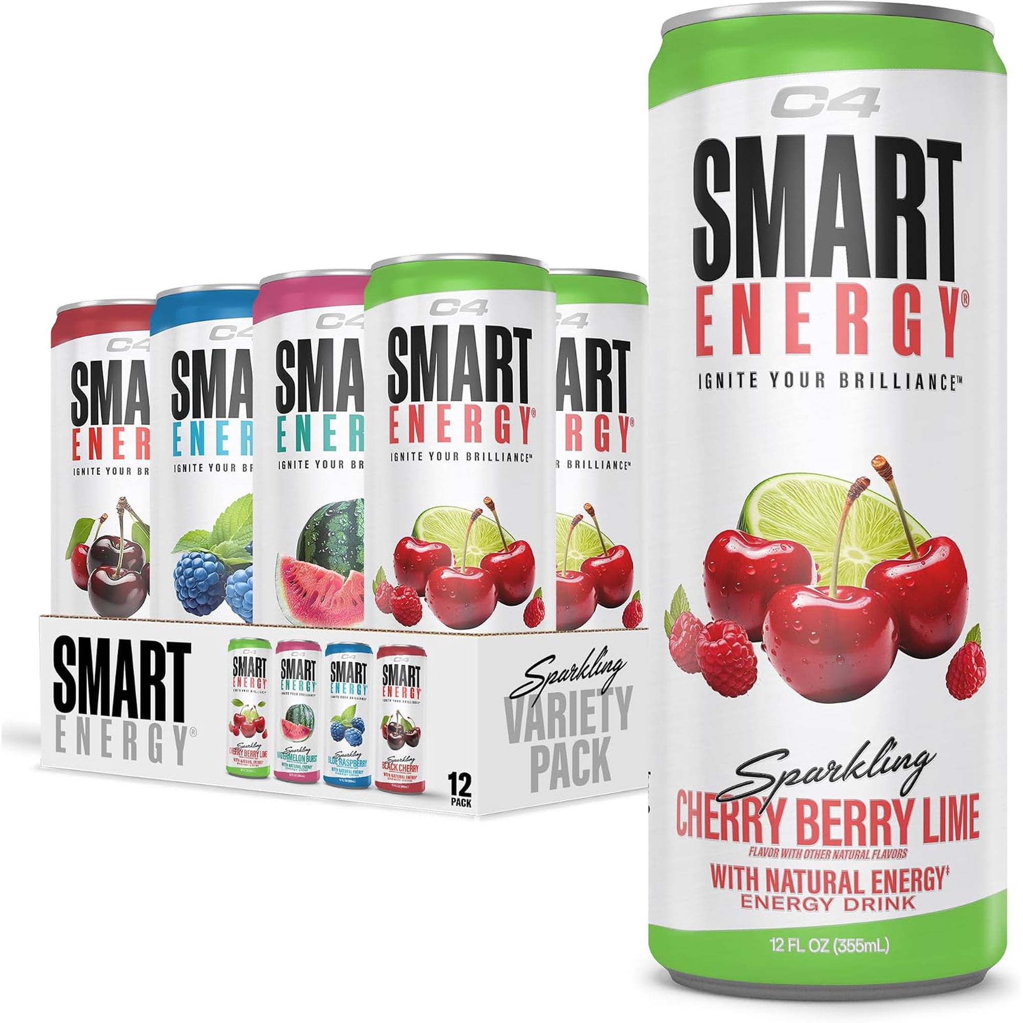 C4 Smart Energy Drink, Berry Breeze Variety Pack Flavor, Zero Sugar, Carbonated, 12 oz can (12 Pack)