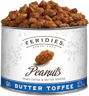 FERIDIES Butter Toffee Candied Peanuts, Buttered Toffee Coated Peanuts, Ou-Dairy Kosher Certified, All Natural, Cholesterol Free - 18 Oz Tin