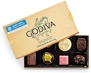 Godiva Gold Assorted Belgian Chocolate Gift Box, Gourmet, 8 Pc | Belgian dark, milk & white chocolate, Pralines, ganaches & caramels, Kosher, Iconic gold box, Great for gifting