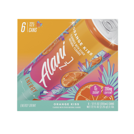 Alani Nu Sugar Free Energy Drink, Orange Kiss, 12 fl oz, 6 Pack, Cans, 200mg Caffeine