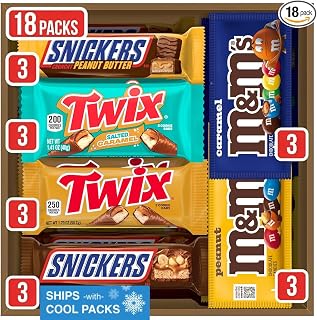 M&M'S Peanut, M&M'S Caramel, SNICKERS Original, SNICKERS Peanut Butter, TWIX Original and TWIX Salted Caramel Full Size Individually Wrapped Variety Box, 18 Ct Bulk Box