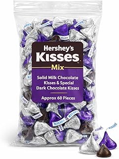 Hershey.sKisses Assorted Milk & Dark Chocolate Candy Approx 60 Count of Solid Milk Chocolate in Silver Foils and Special Dark Chocolate Mildly Sweet Kisses Candy in Purple Foils Basket & Hunt Filler