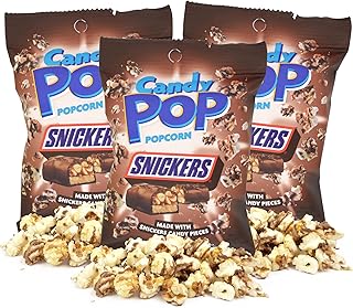 Snickers Candy Pop Popcorn, Sweet and Savory Treat with Candy Pieces, Movie Night Snack, 1 Ounces Each (Pack of 3)