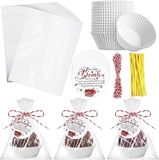 Harloon 50 Set Hot Cocoa Bombs Party Favors Paper Cupcake Liners Hot Chocolate Bombs Plastic Gift Bags with Instruction Labels and Rope Cocoa Bar Supplies for Baking Xmas DIY Wrapping Gift